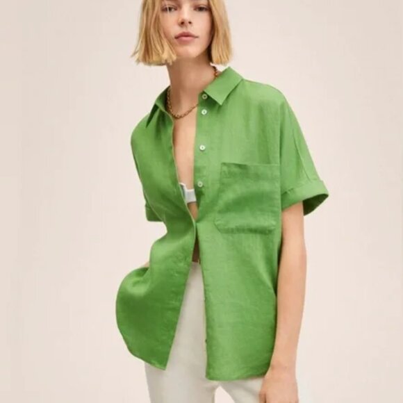 MNG 100% Linen Shirt Women 2 Kelly Green Cuffed Button Up Front Boyfriend Blouse - Picture 2 of 6